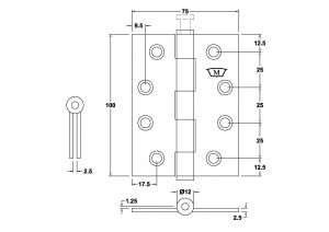 S221PVD - Stainless Steel 304 Grade Butt Hinge 100x75x2.5mm Loose Pin - Image 2