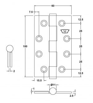 S210SSS - Stainless Steel 304 Grade Butt Hinge 100x60x2.5mm Fixed Pin - Image 2